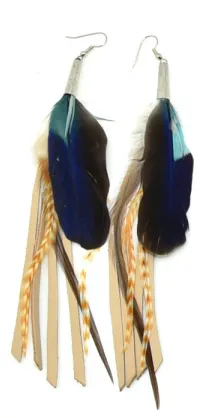 Ruby Feathers Earrings with beautiful feathers and Leather Fringe - Medium