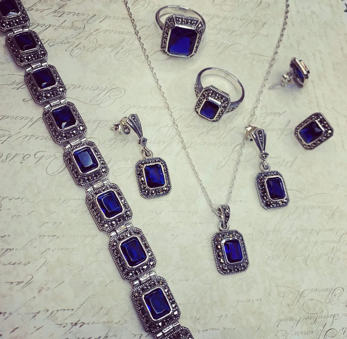Sapphire Blue Pendant Necklace Silver Marcasite Clear Cubic Zirconia