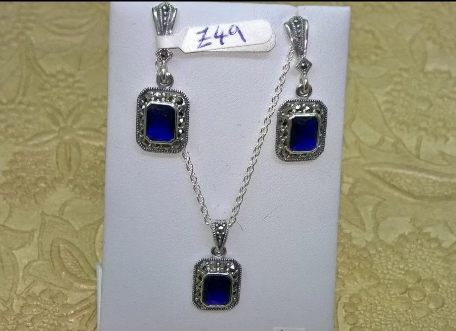 Sapphire Blue Pendant Necklace Silver Marcasite Clear Cubic Zirconia