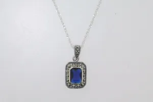 Sapphire Blue Pendant Necklace Silver Marcasite Clear Cubic Zirconia