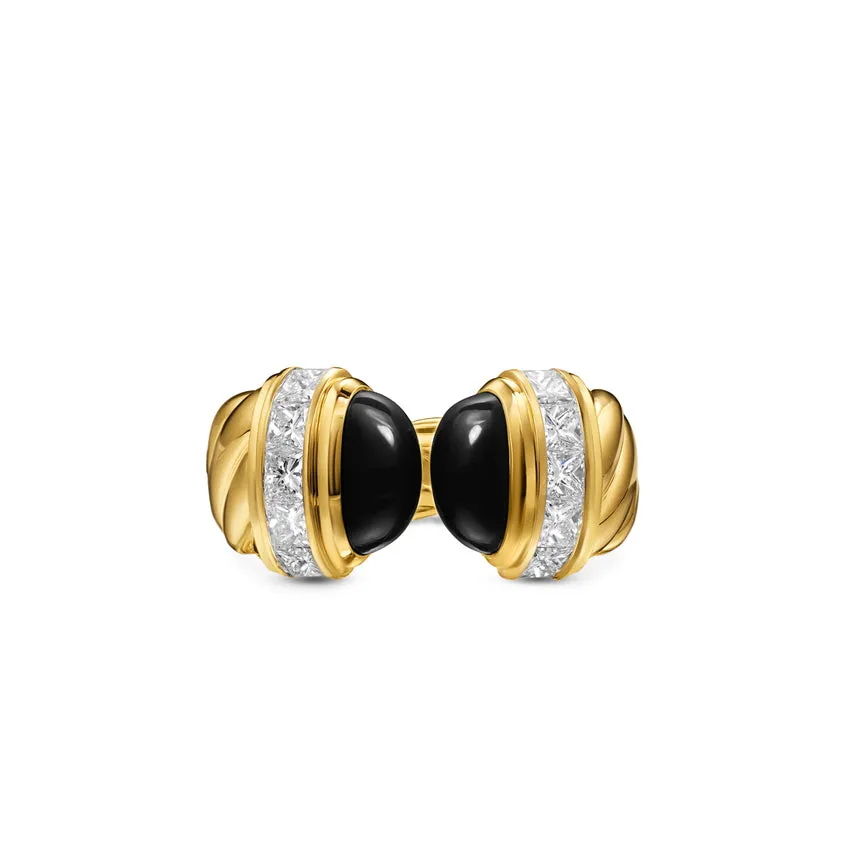 Sculpted Cable Open Cocktail Ring in 18K Yellow Gold with Black Onyx and Diamonds, 12.4mm, Size 8