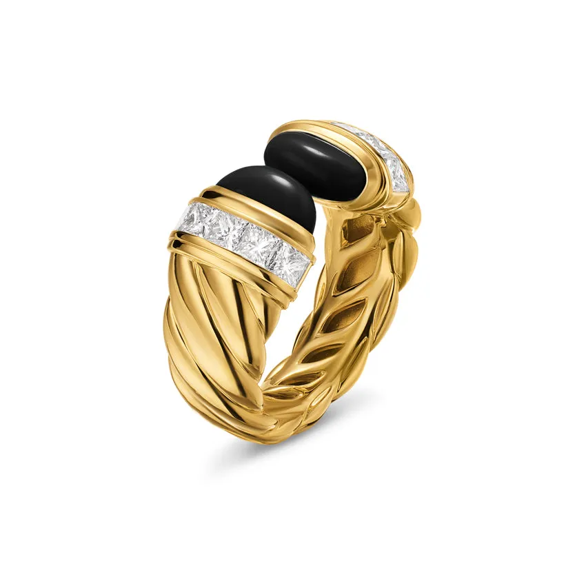 Sculpted Cable Open Cocktail Ring in 18K Yellow Gold with Black Onyx and Diamonds, 12.4mm, Size 8