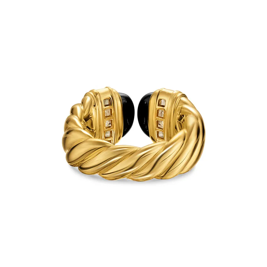 Sculpted Cable Open Cocktail Ring in 18K Yellow Gold with Black Onyx and Diamonds, 12.4mm, Size 8