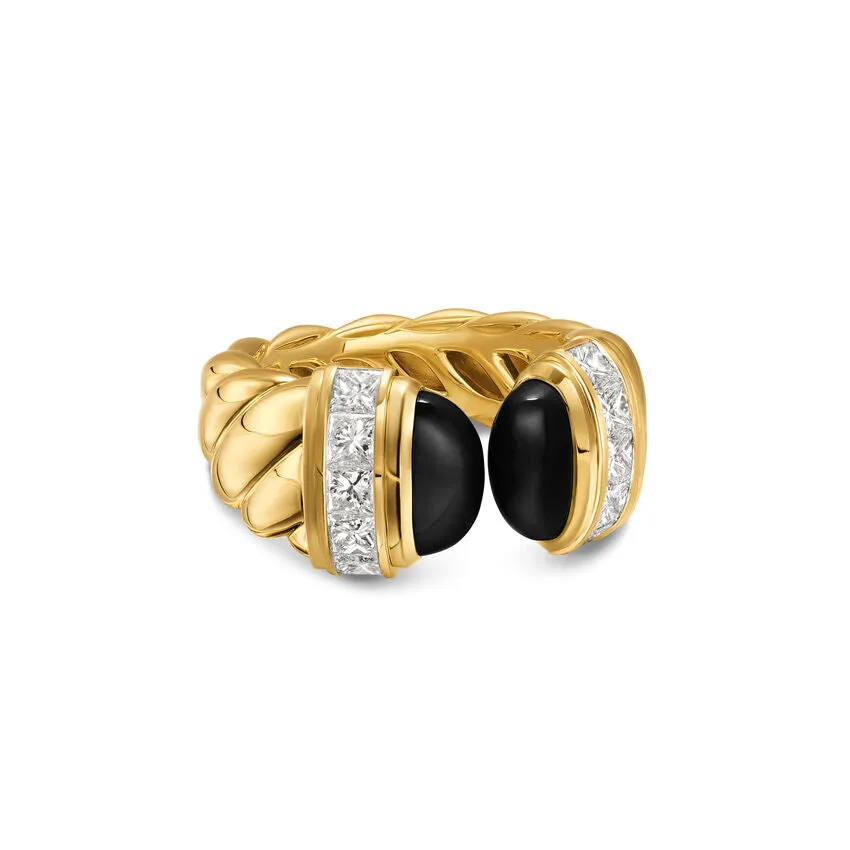 Sculpted Cable Open Cocktail Ring in 18K Yellow Gold with Black Onyx and Diamonds, 12.4mm, Size 8
