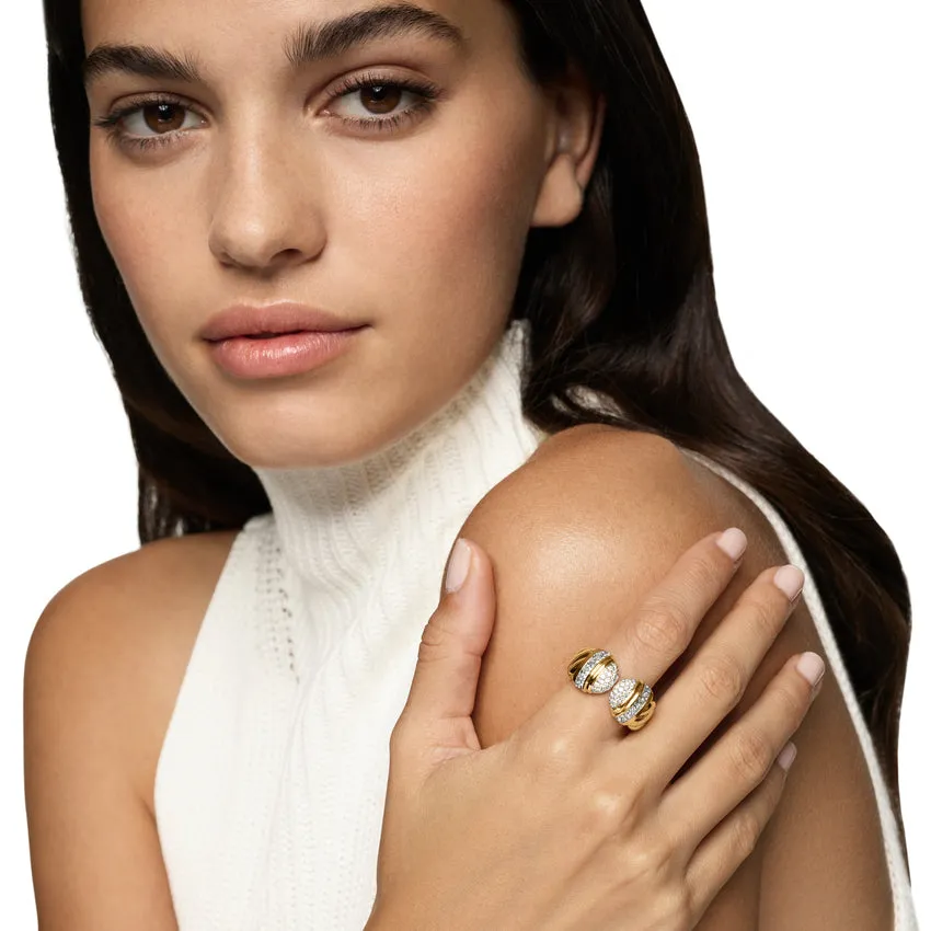 Sculpted Cable Open Cocktail Ring in 18K Yellow Gold with Diamonds, 12.4mm, Size 7
