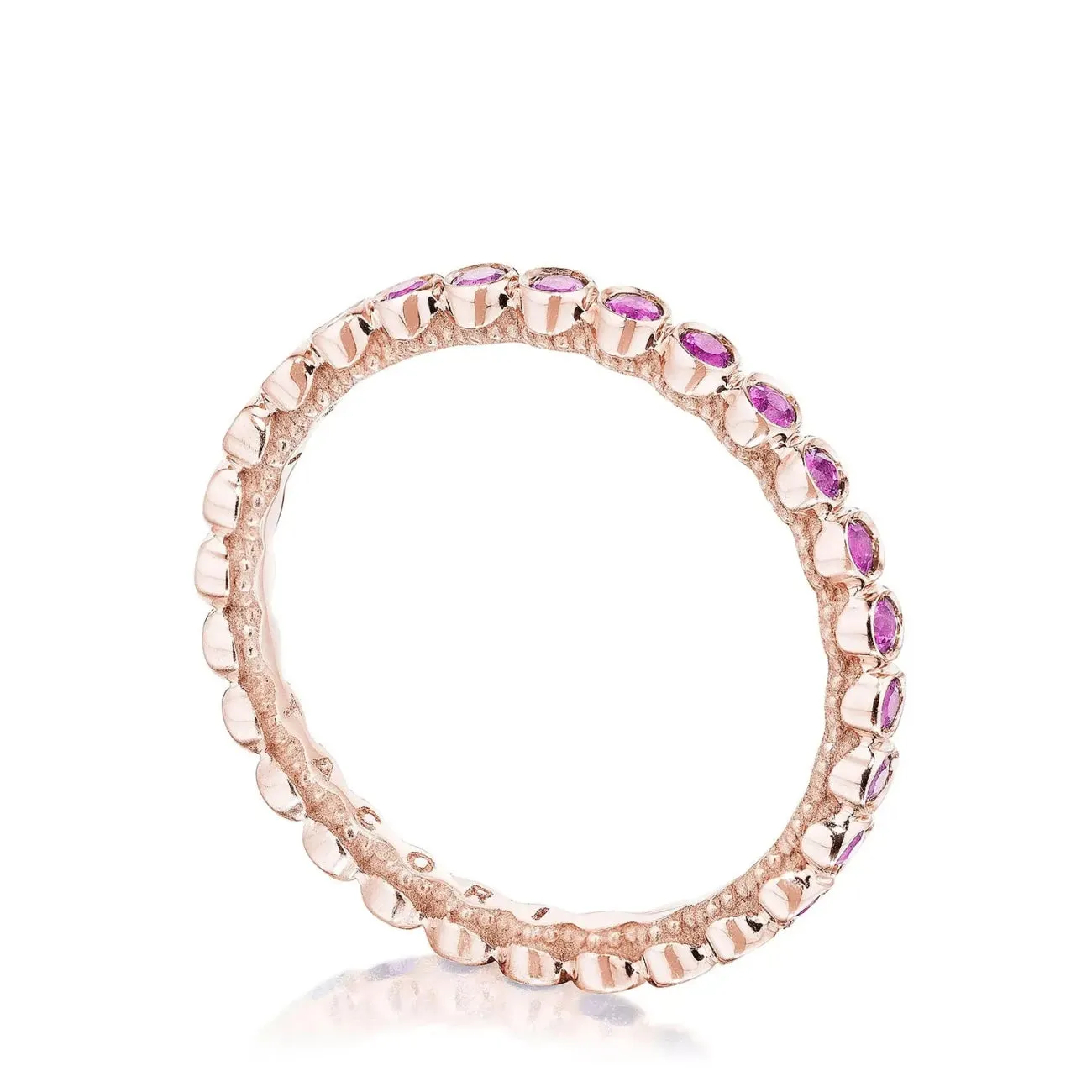 Sculpted Crescent 18K Rose Gold Round Bezel Pink Sapphire Droplet Wedding Band Ring