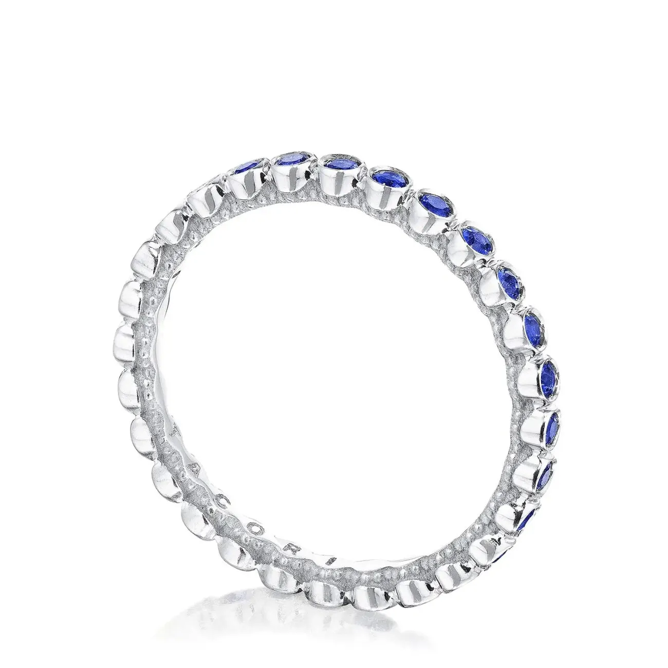 Sculpted Crescent Platinum Round Bezel Blue Sapphire Droplet Wedding Band Ring