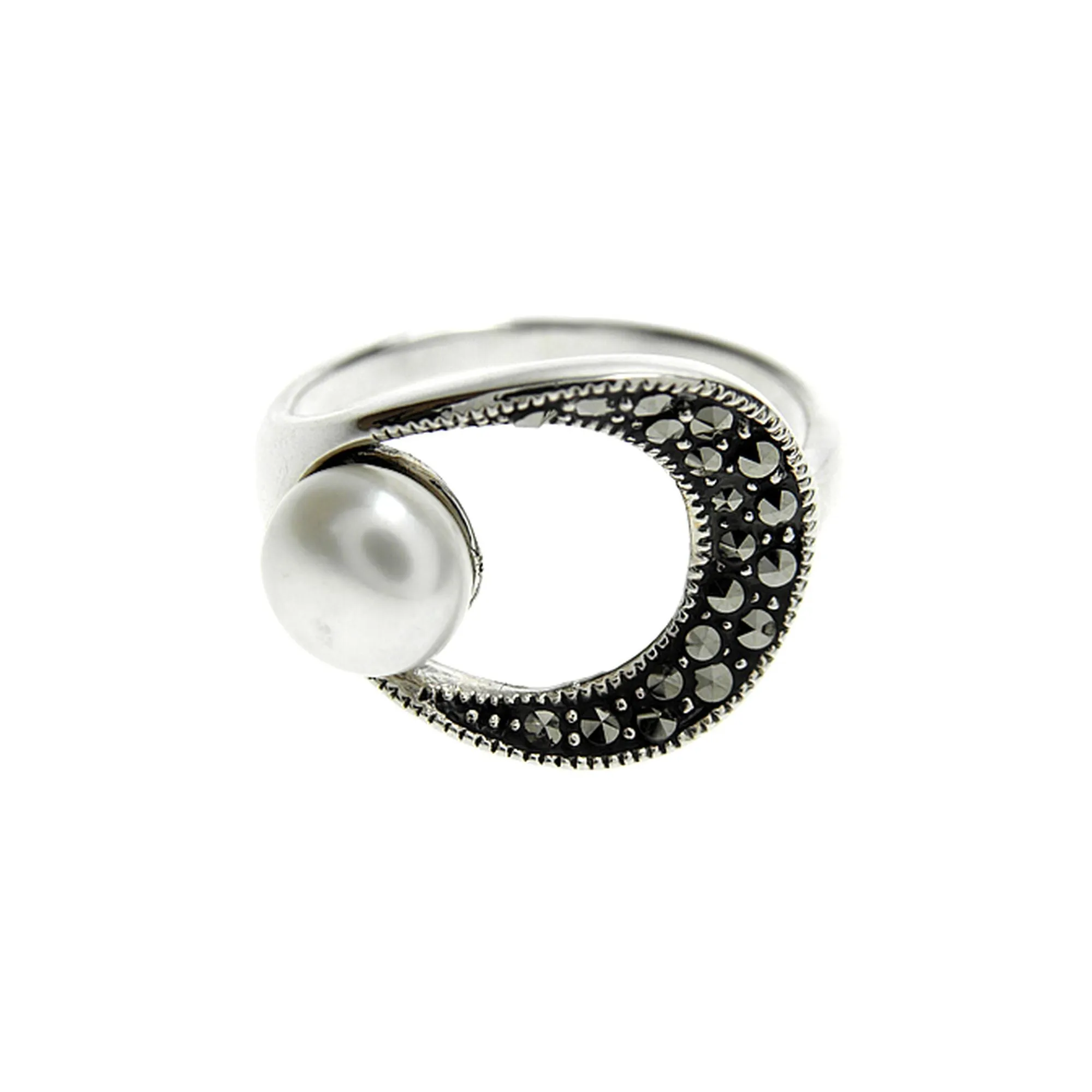 Sculpted oval marcasite & pearl ring