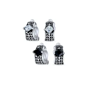 Set of 2 Black Clear Crystal Vines Scroll Half Hoop Clip-On Earrings Non-Pierced