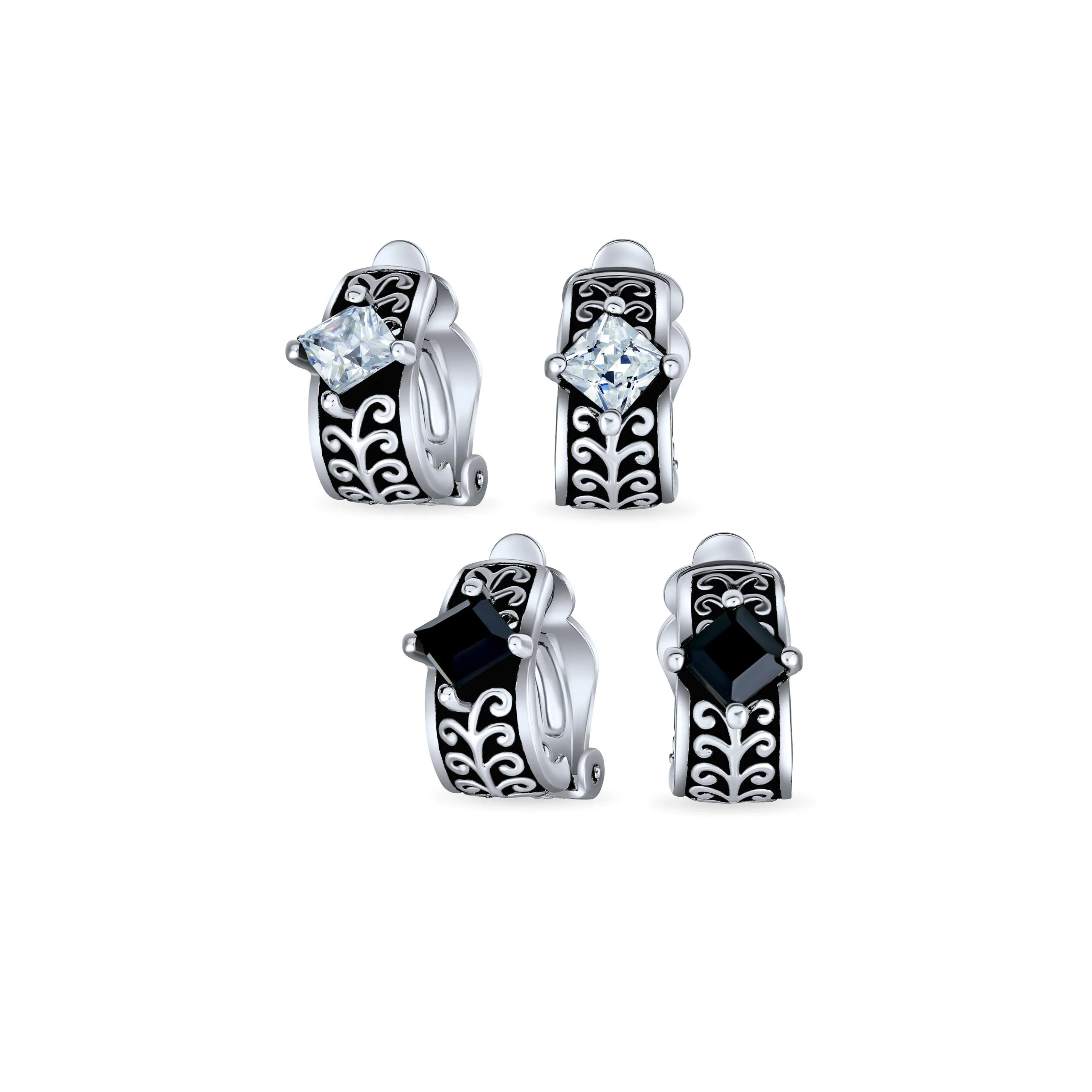 Set of 2 Black Clear Crystal Vines Scroll Half Hoop Clip-On Earrings Non-Pierced