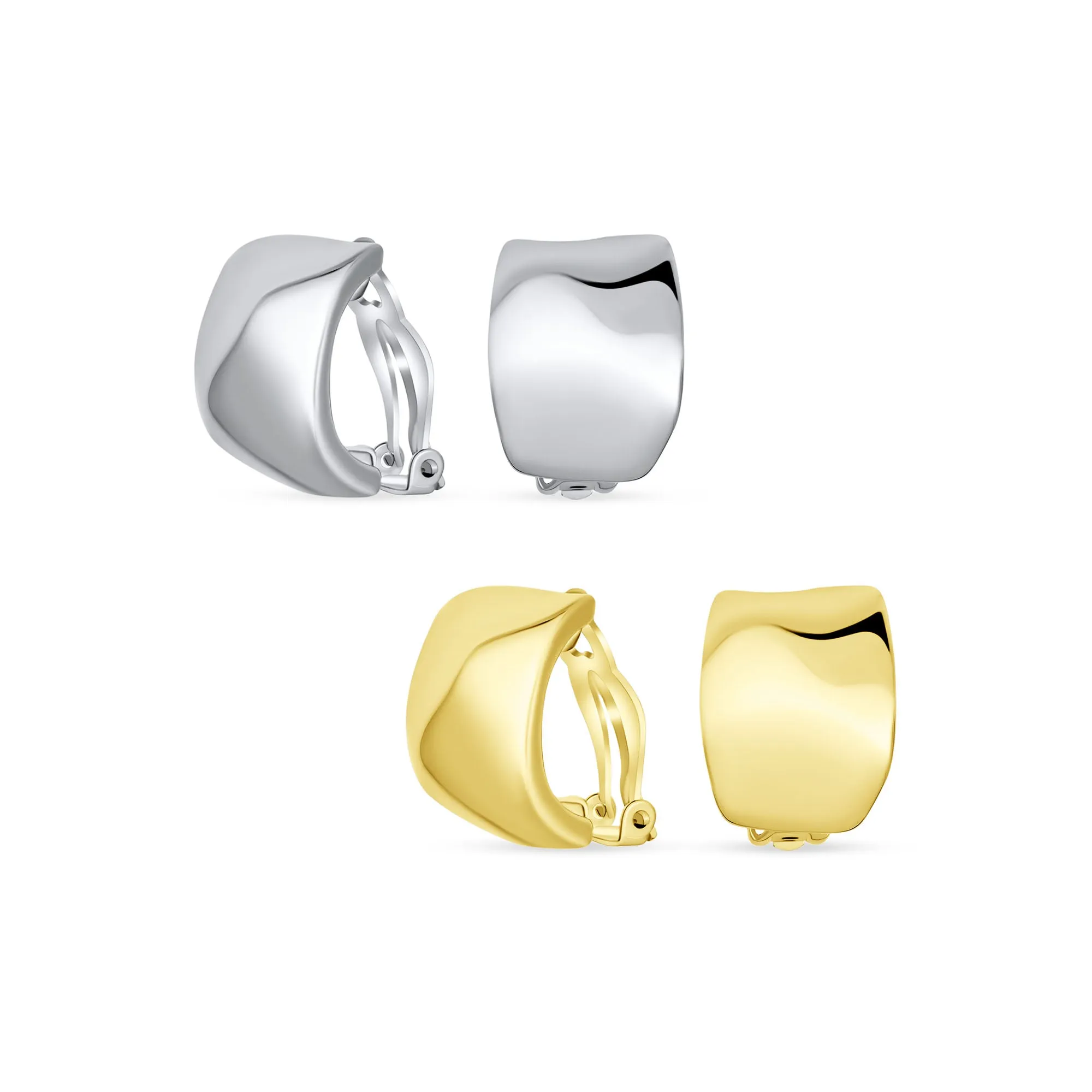 Set of 2 Geometric Dome Half Hoop Clip-On Earrings for Non-Pierced Gold Plated