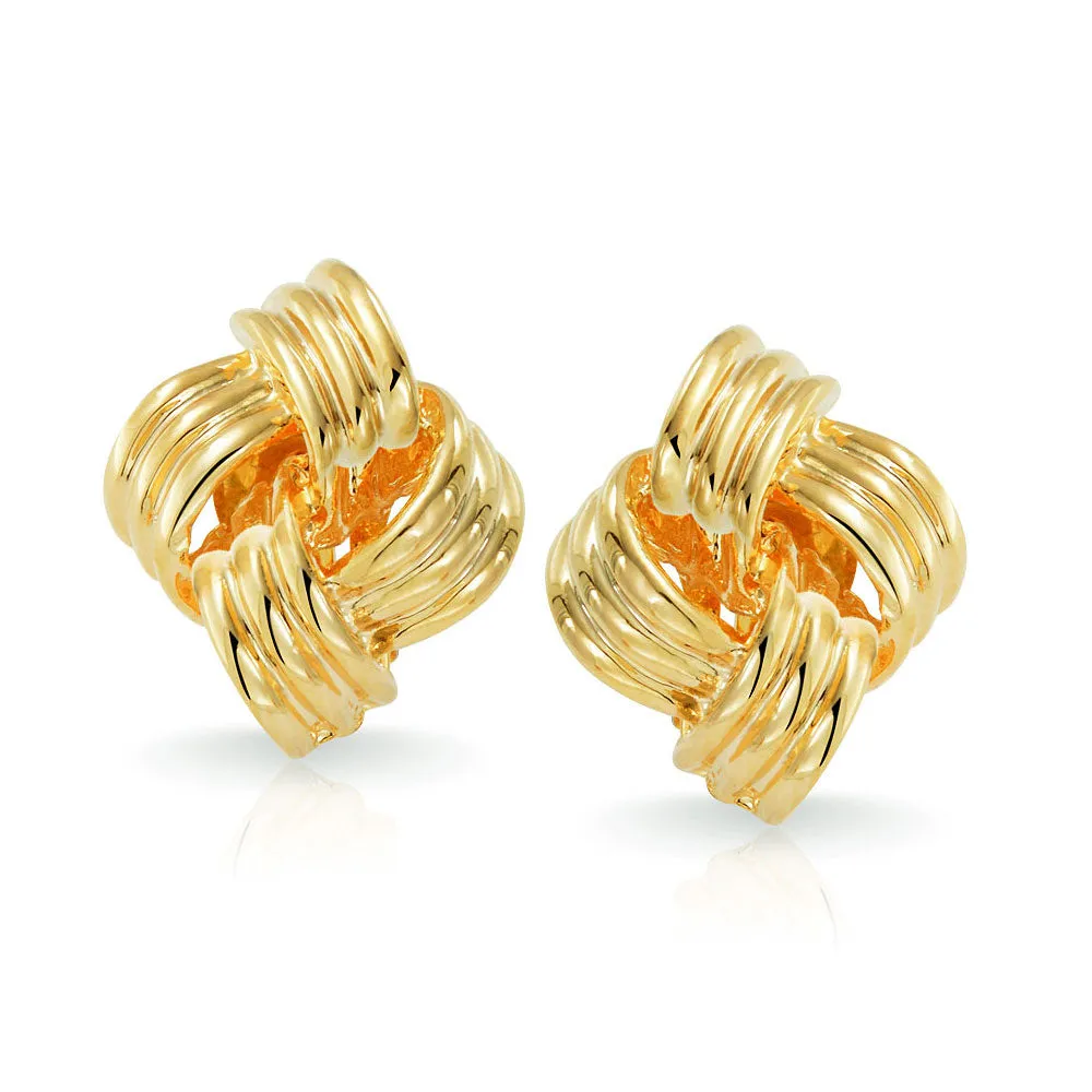 Set of 2 Geometric Twist Rope Knot Clip-On Earrings For Non-Pierced Gold Plated