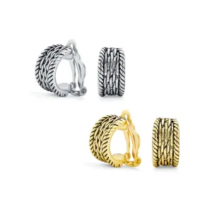 Set of 2 Grooved Rope Half Hoop Clip-On Earrings For Non-Pierced Gold Plated