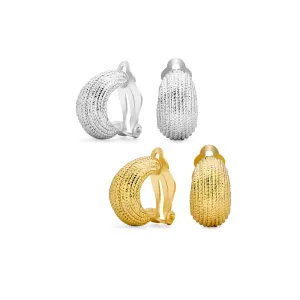 Set of 2 Ribbed Stripe Half Hoop Clip-On Earrings for Non-Pierced Gold Tone