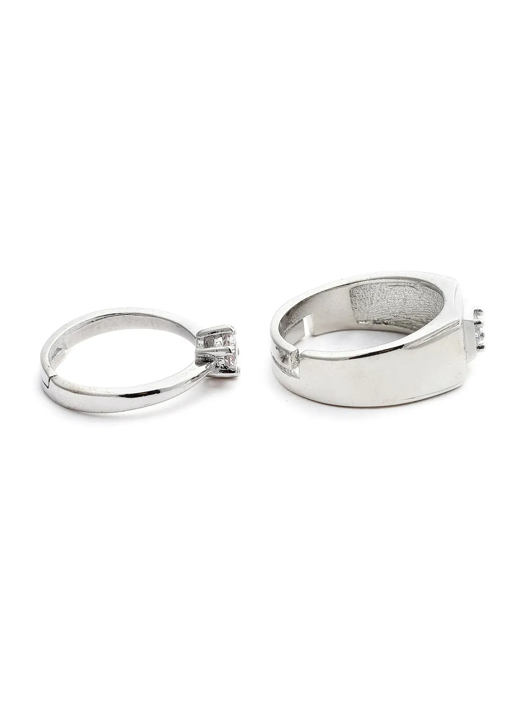 Set Of 2 Silver-Plated White AD-Studded Adjustable Finger Rings