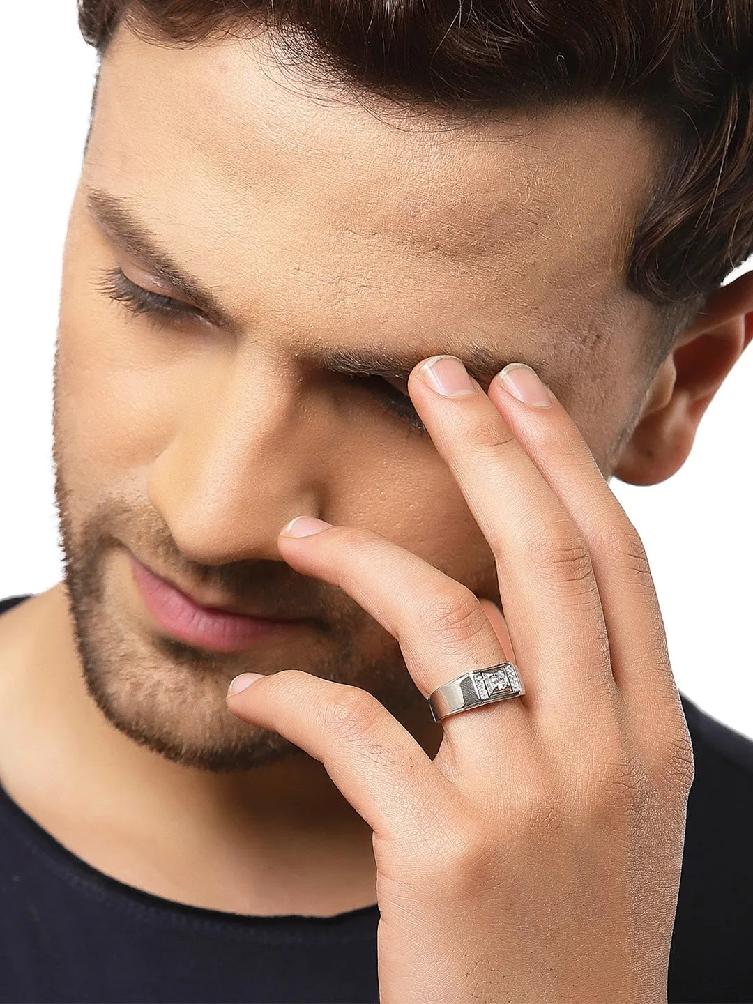 Set Of 2 Silver-Plated White AD-Studded Adjustable Finger Rings