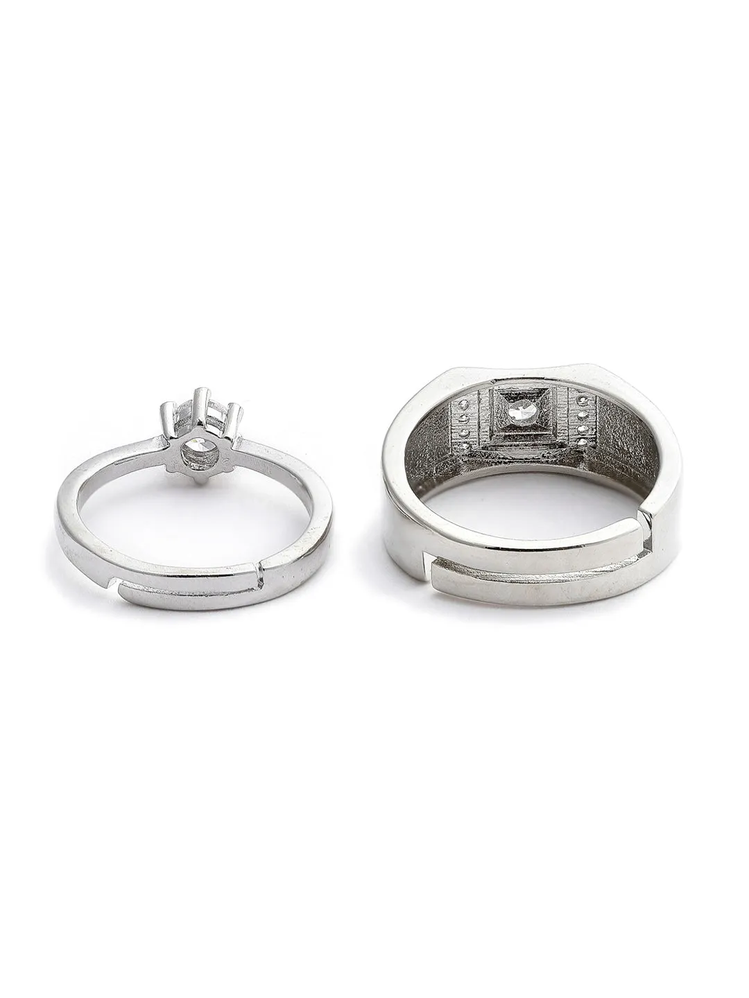 Set Of 2 Silver-Plated White AD-Studded Adjustable Finger Rings