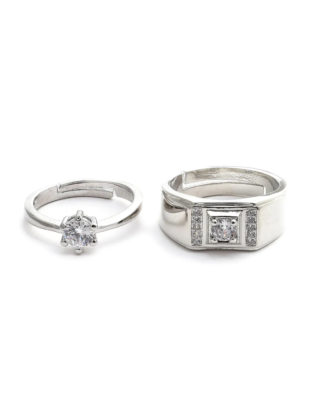 Set Of 2 Silver-Plated White AD-Studded Adjustable Finger Rings