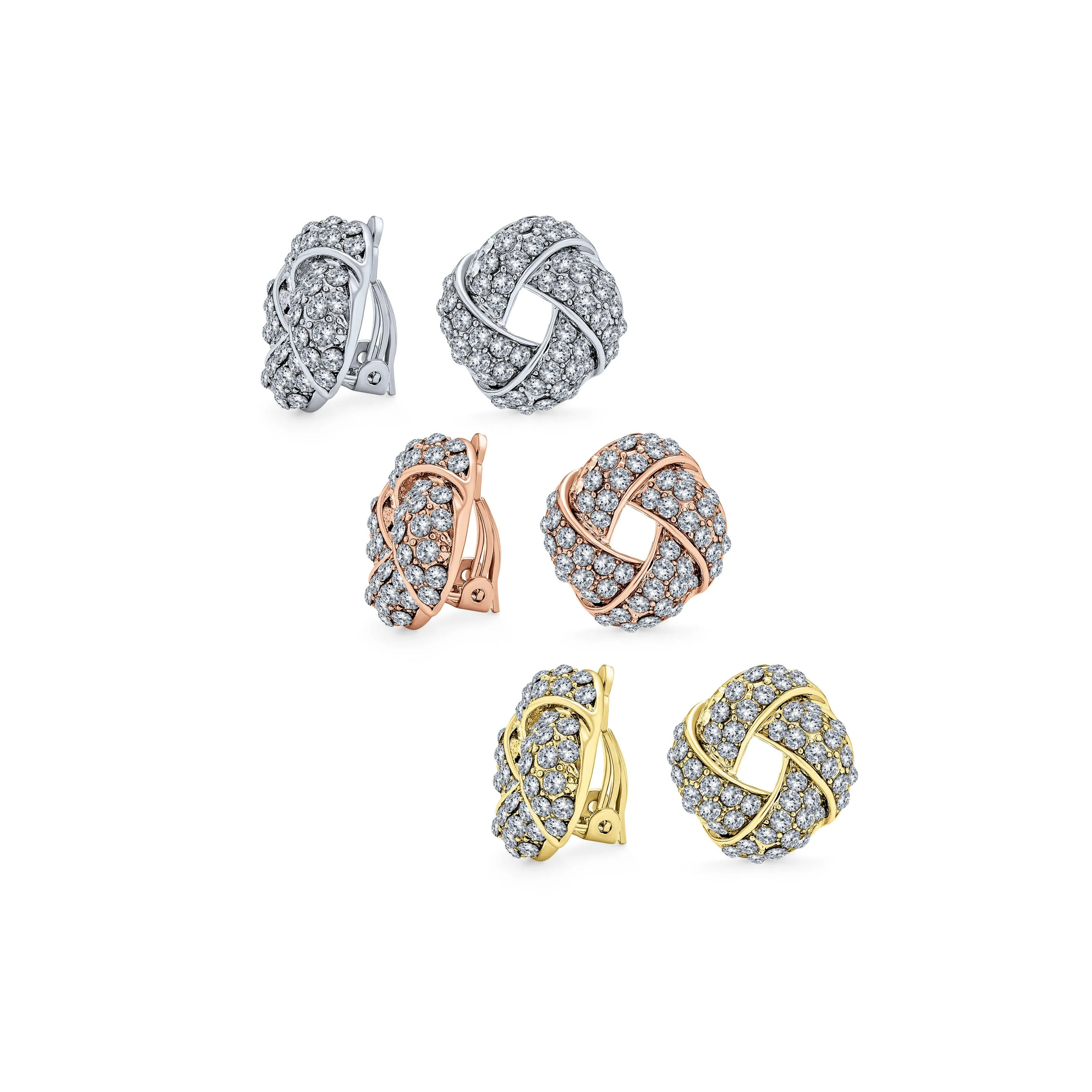 Set of 3 Twist Braided Crystal Love Knot Clip-On Earrings Rose Gold Plated