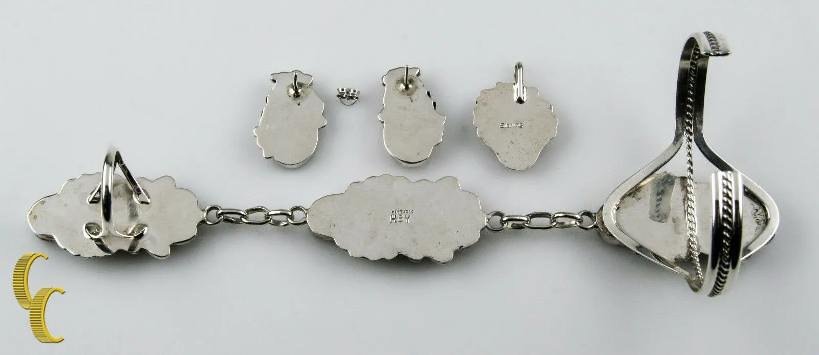Signed HBY Harry Yazzie Navajo SS 925 Bracelet Ring Earring Pendant Set