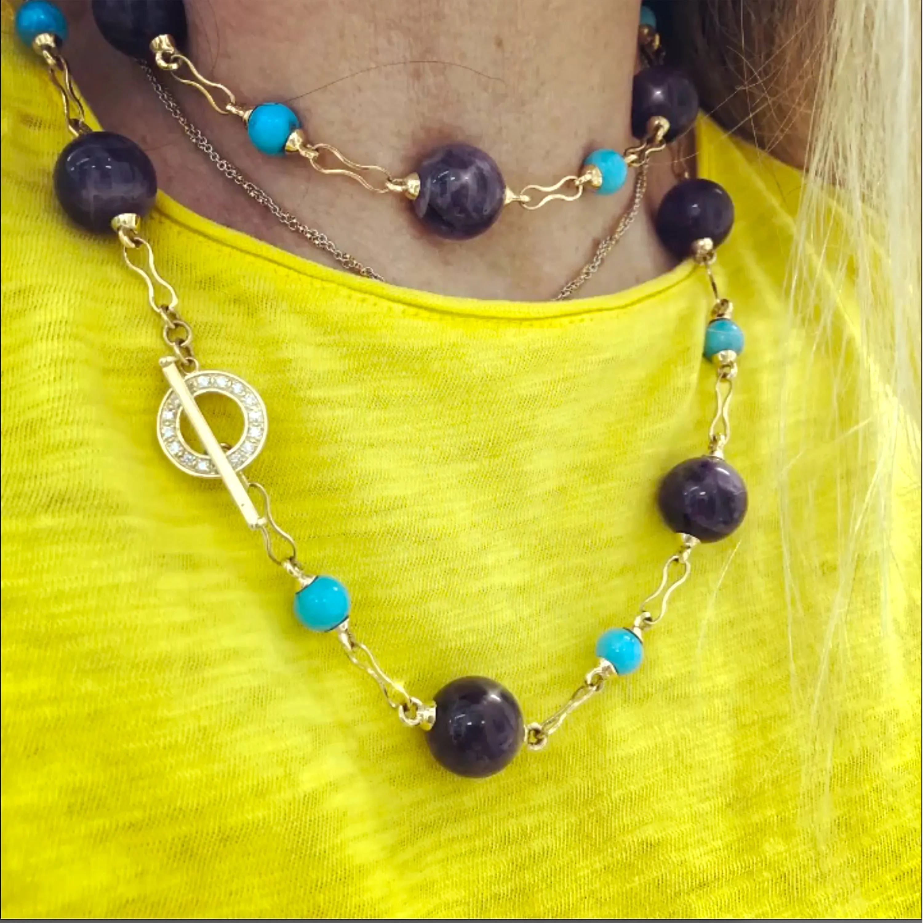 Signed Rosaria Varra Turquoise and Amethyst Beads Station Necklace 18 Karat