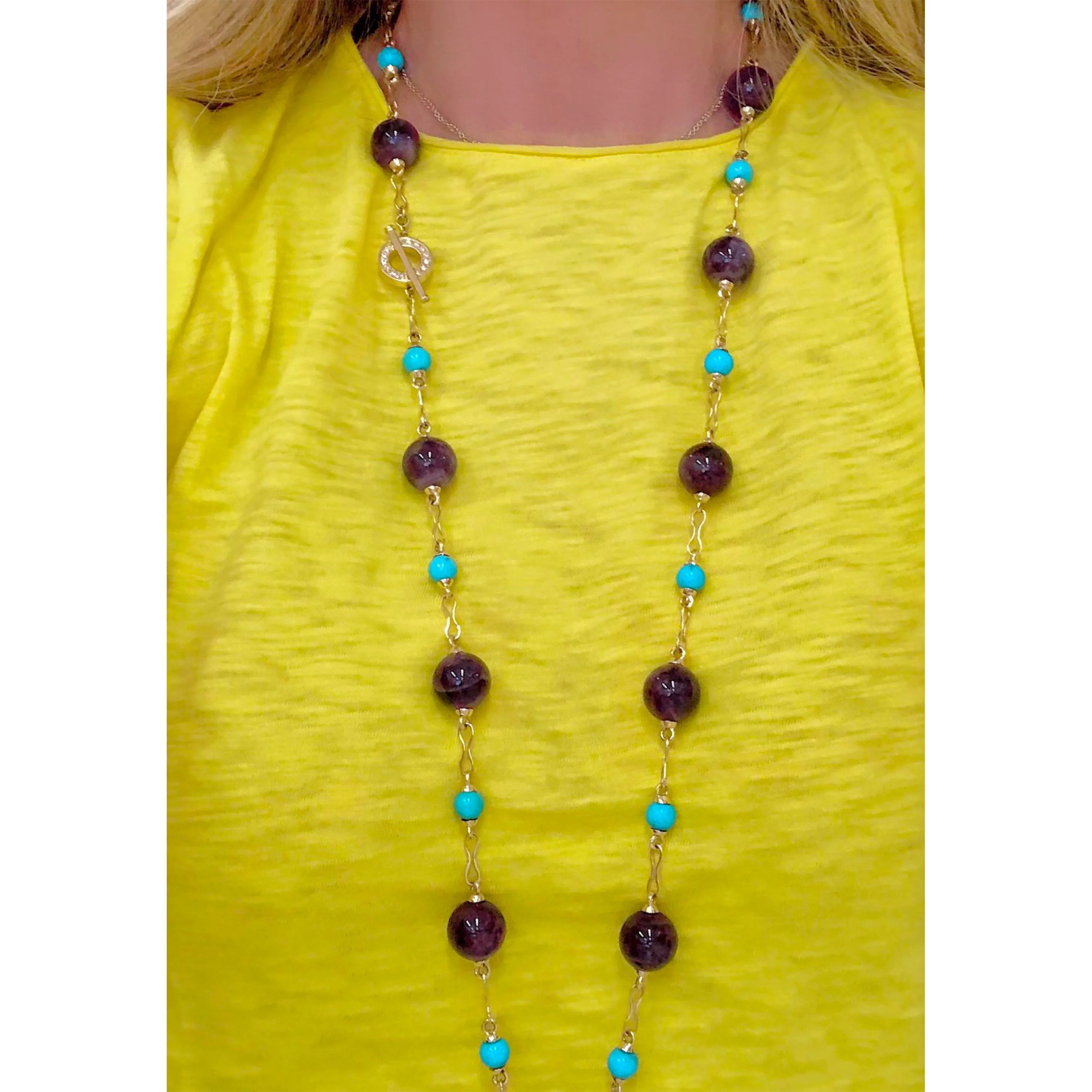 Signed Rosaria Varra Turquoise and Amethyst Beads Station Necklace 18 Karat
