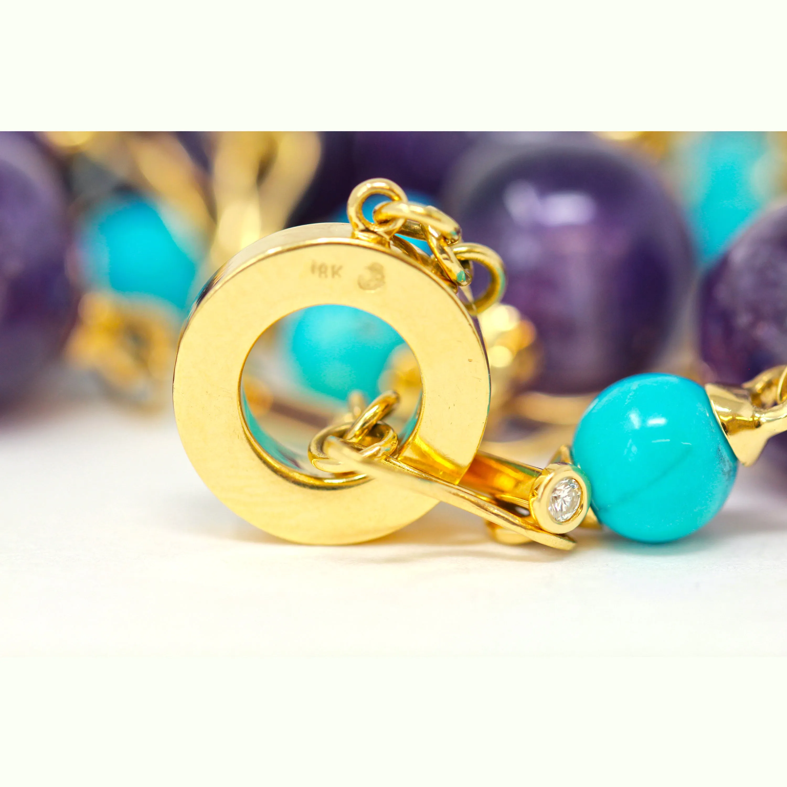 Signed Rosaria Varra Turquoise and Amethyst Beads Station Necklace 18 Karat