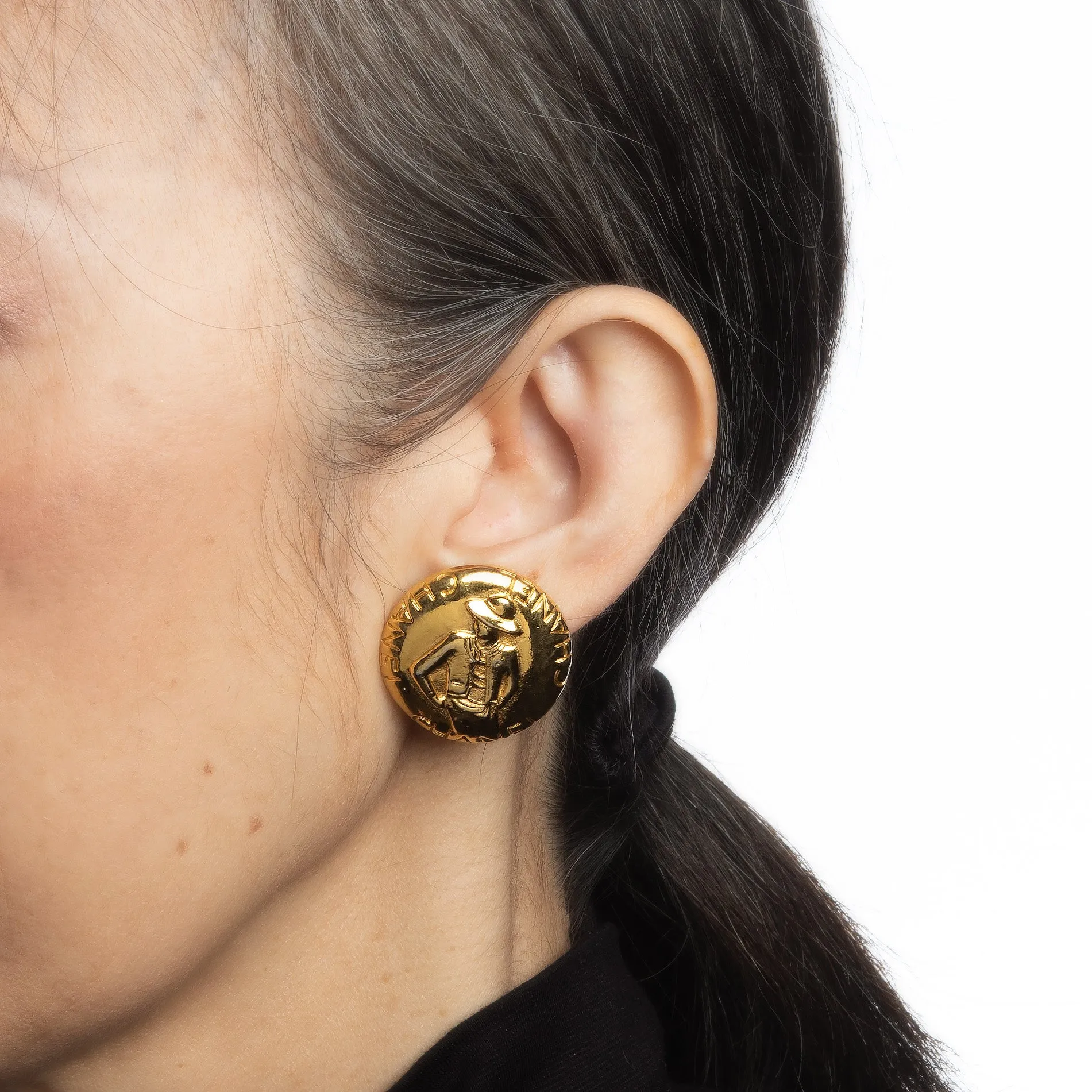 Silhouette of Coco Chanel Earrings Round Clip On Yellow Tone c1970s