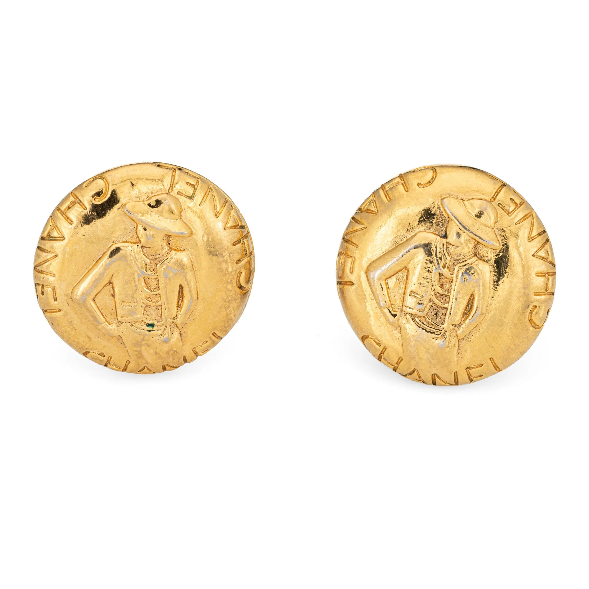 Silhouette of Coco Chanel Earrings Round Clip On Yellow Tone c1970s