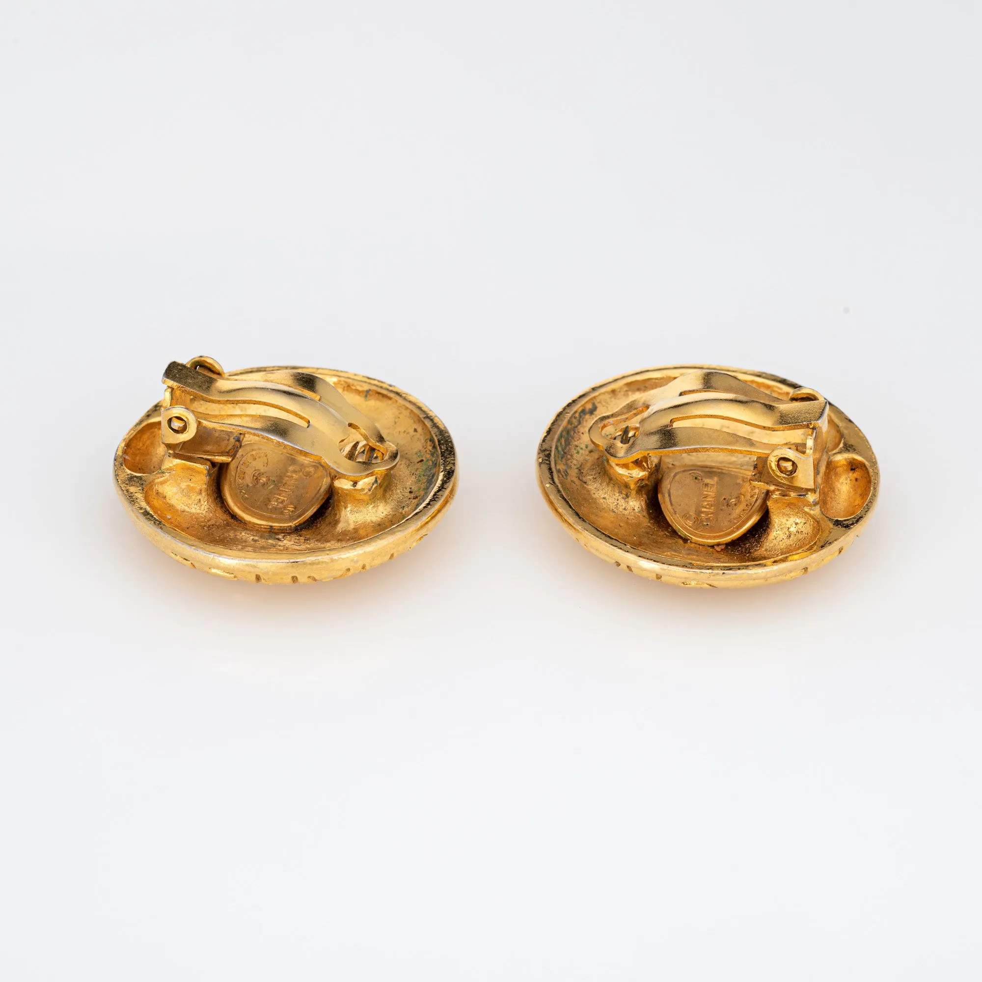 Silhouette of Coco Chanel Earrings Round Clip On Yellow Tone c1970s