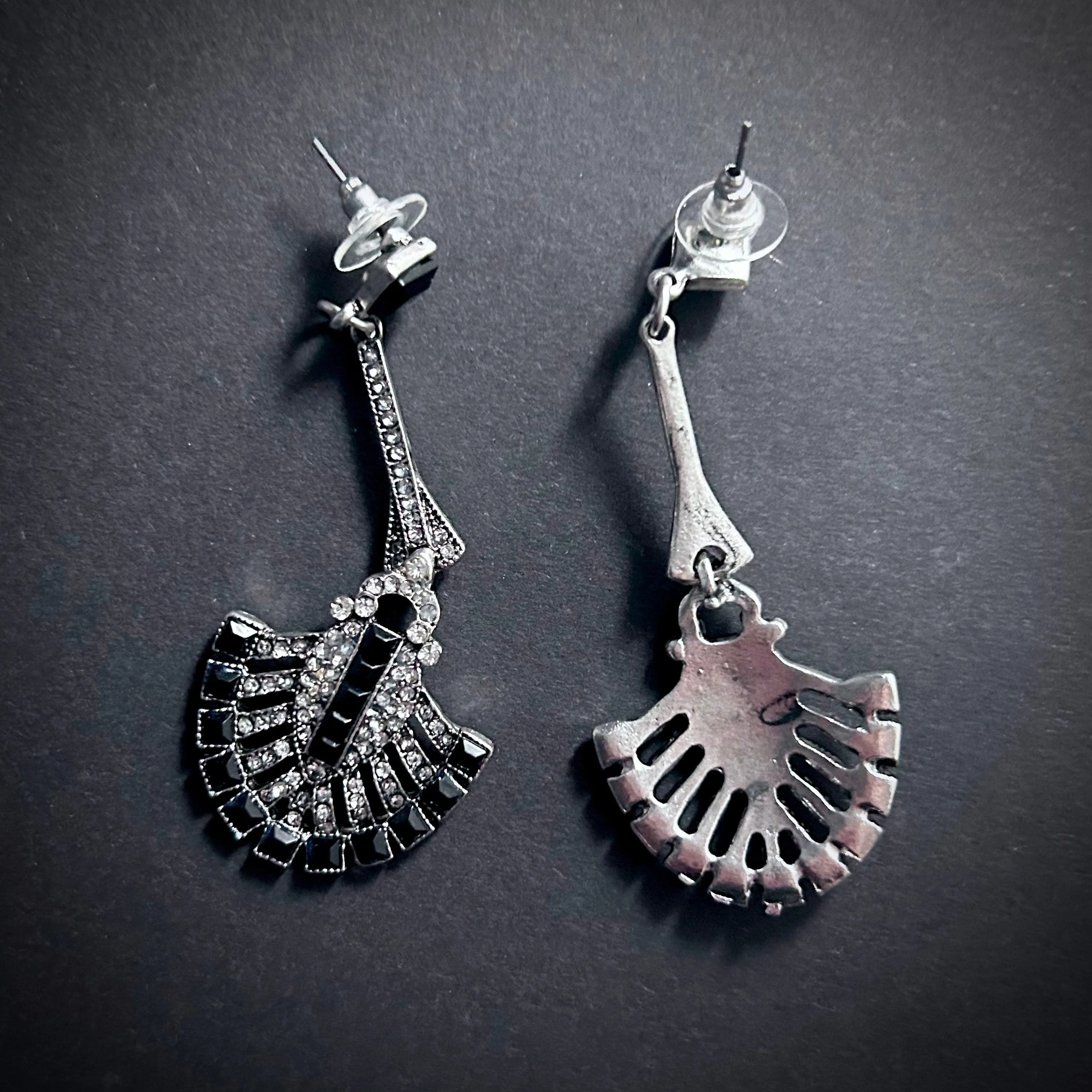 Silver & Black Dangle Fan Earrings