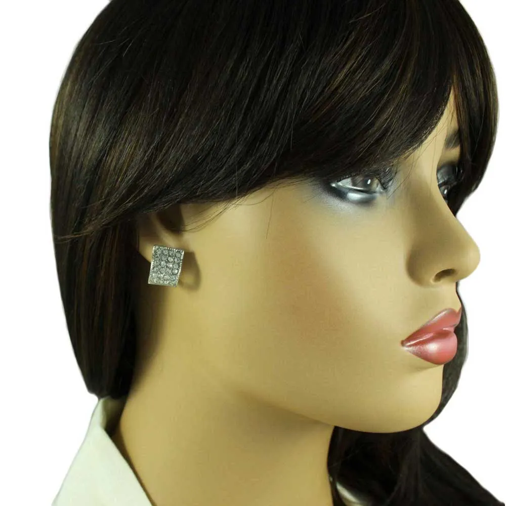 Silver and Clear Crystals Arched Rectangle Clip Earring - REC934