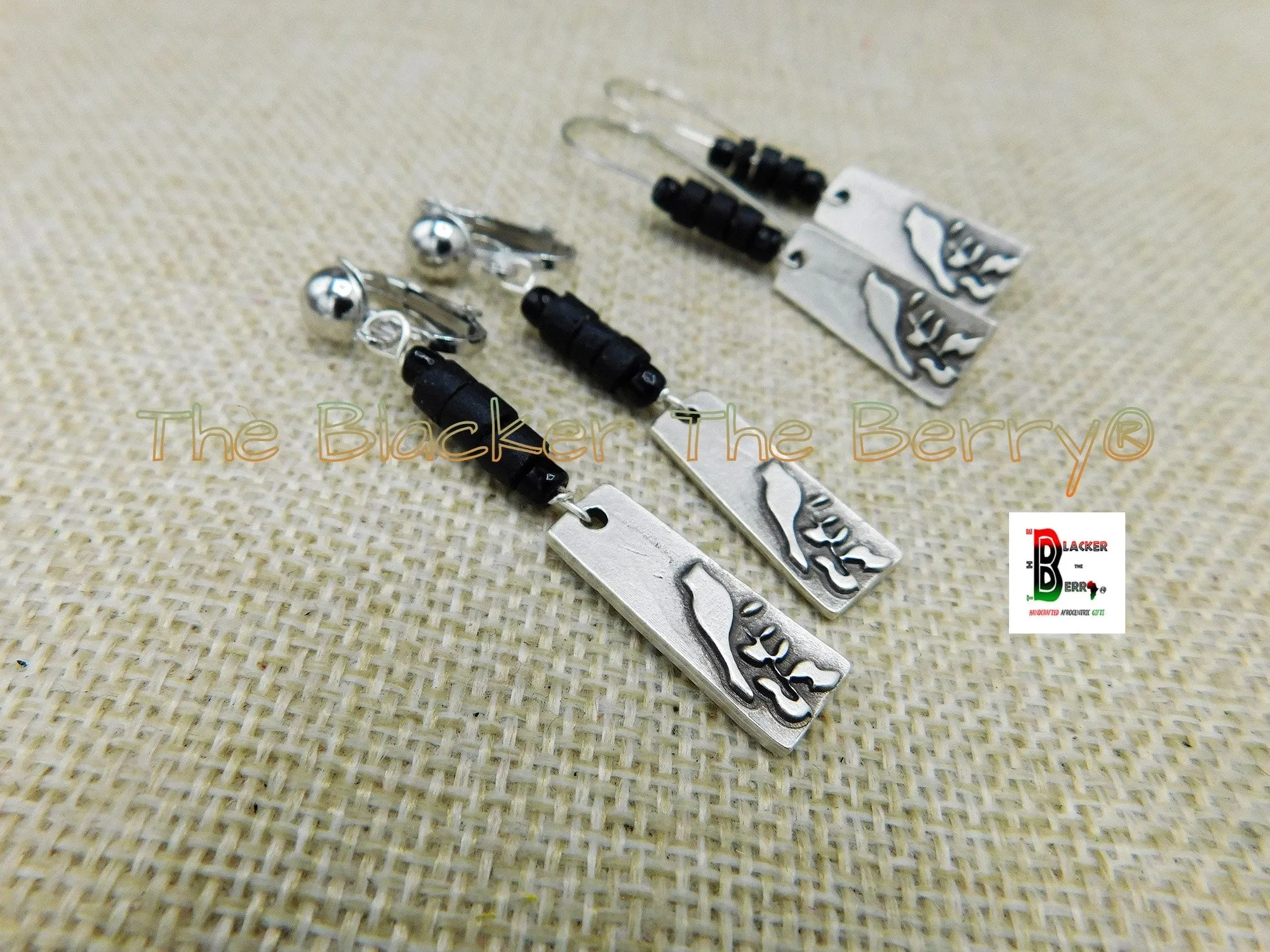 Silver Bird Clip On Earrings Black Beaded Long Handmade Women Non Pierced