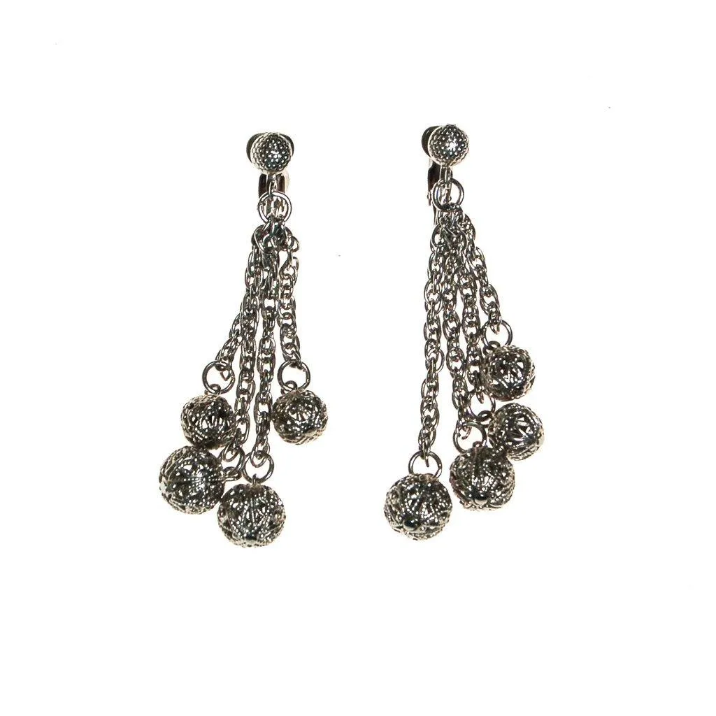 Silver Filigree Beads Earrings, Clip On, Dangling, Drop