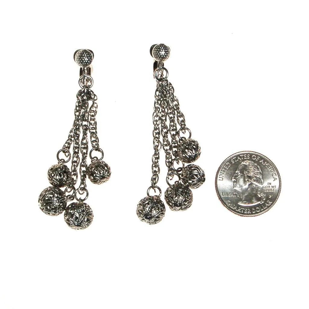 Silver Filigree Beads Earrings, Clip On, Dangling, Drop