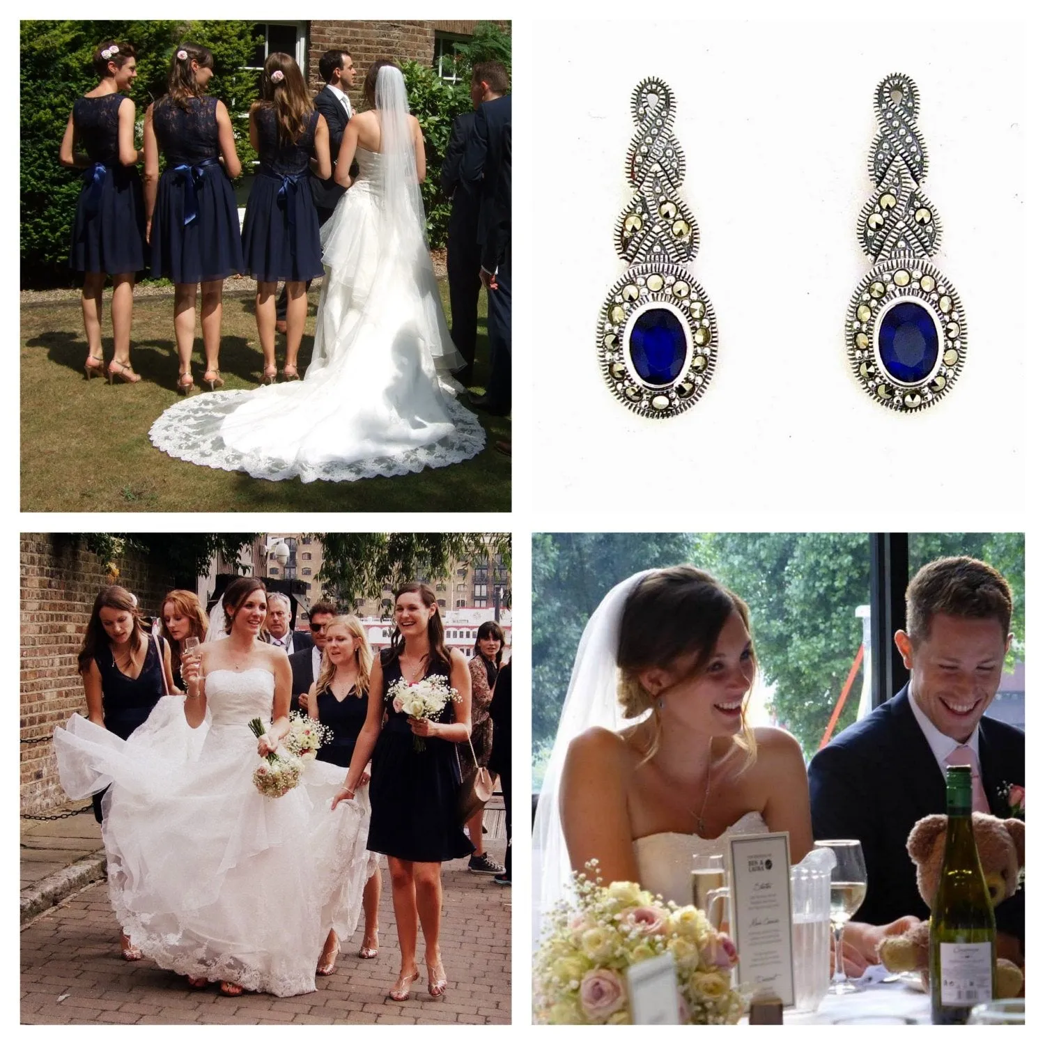 Silver Marcasite Sapphire Earrings Oval Blue Crystal