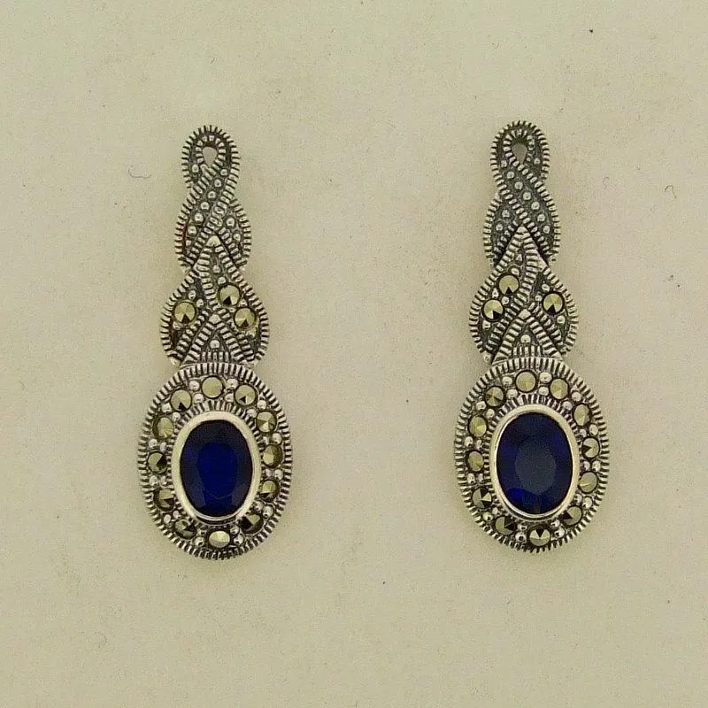Silver Marcasite Sapphire Earrings Oval Blue Crystal