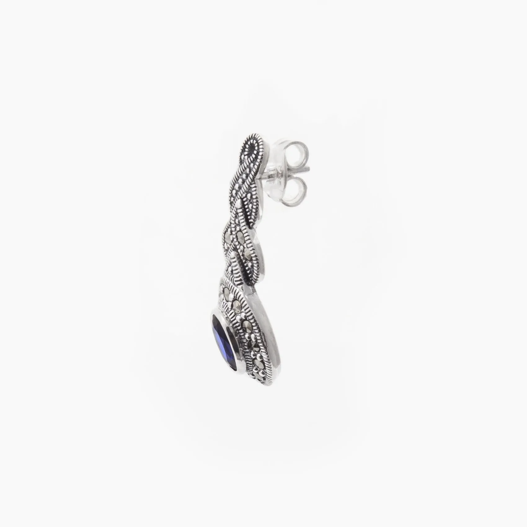 Silver Marcasite Sapphire Earrings Oval Blue Crystal