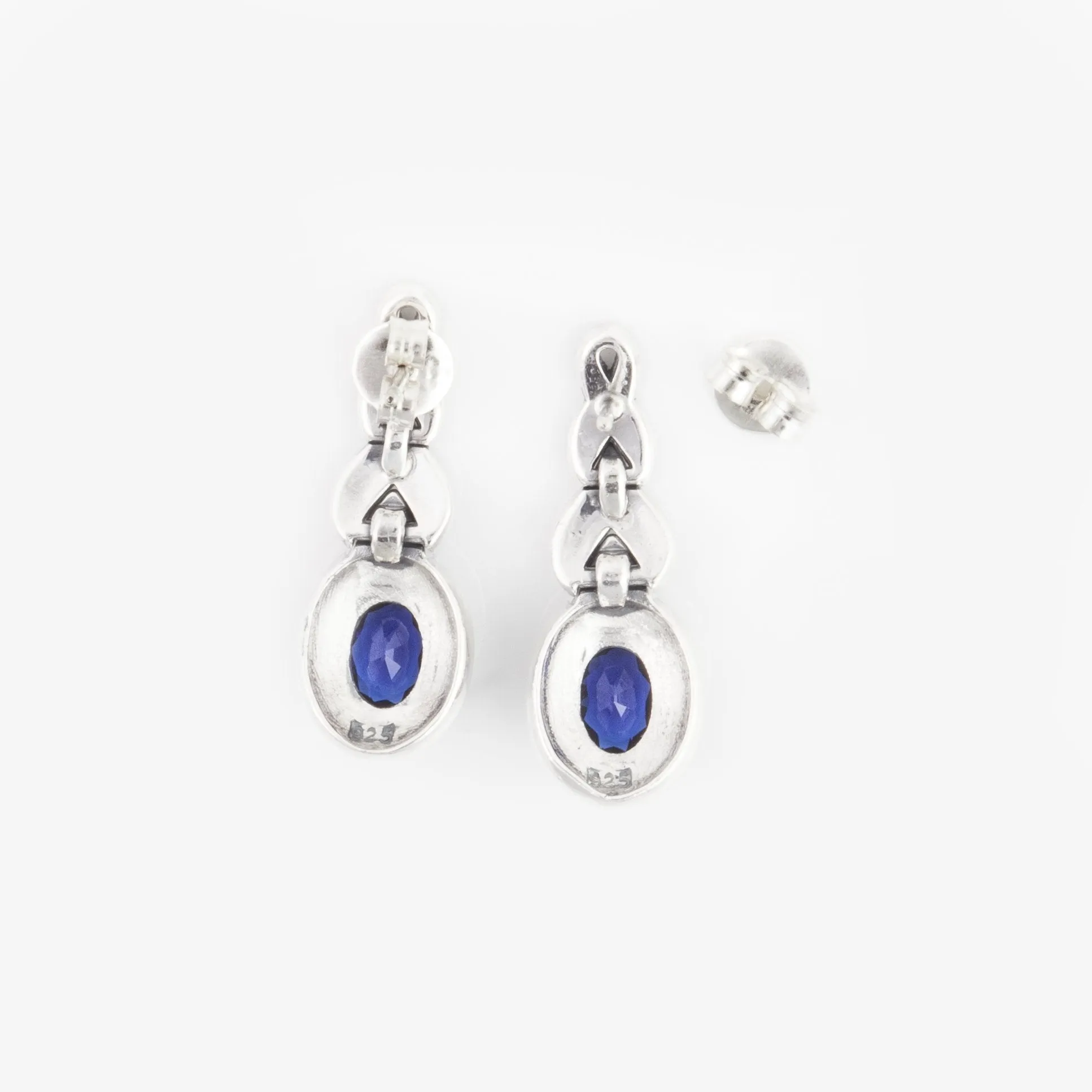 Silver Marcasite Sapphire Earrings Oval Blue Crystal