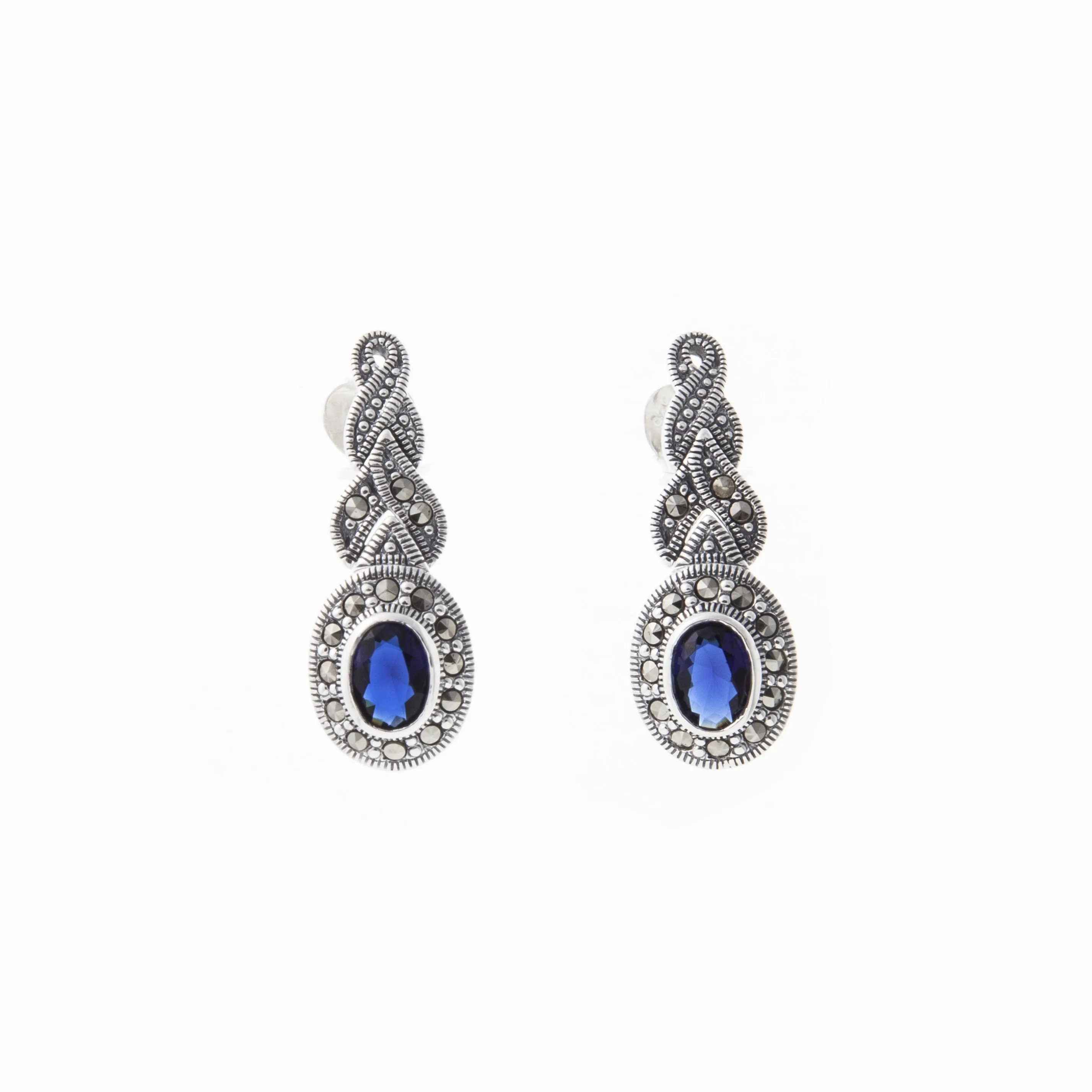 Silver Marcasite Sapphire Earrings Oval Blue Crystal