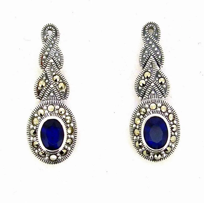 Silver Marcasite Sapphire Earrings Oval Blue Crystal