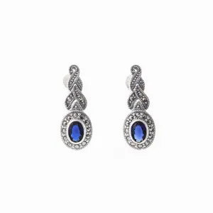 Silver Marcasite Sapphire Earrings Oval Blue Crystal