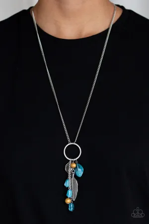 Sky High Style - Blue - Cloudy Bead, Brown Wooden Bead, Silver Feather Charm Paparazzi Long Necklace