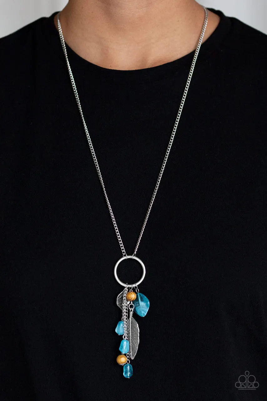 Sky High Style - Blue - Cloudy Bead, Brown Wooden Bead, Silver Feather Charm Paparazzi Long Necklace