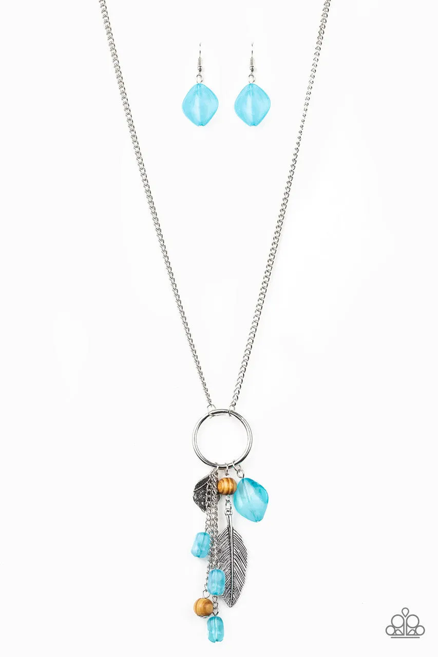 Sky High Style - Blue - Cloudy Bead, Brown Wooden Bead, Silver Feather Charm Paparazzi Long Necklace