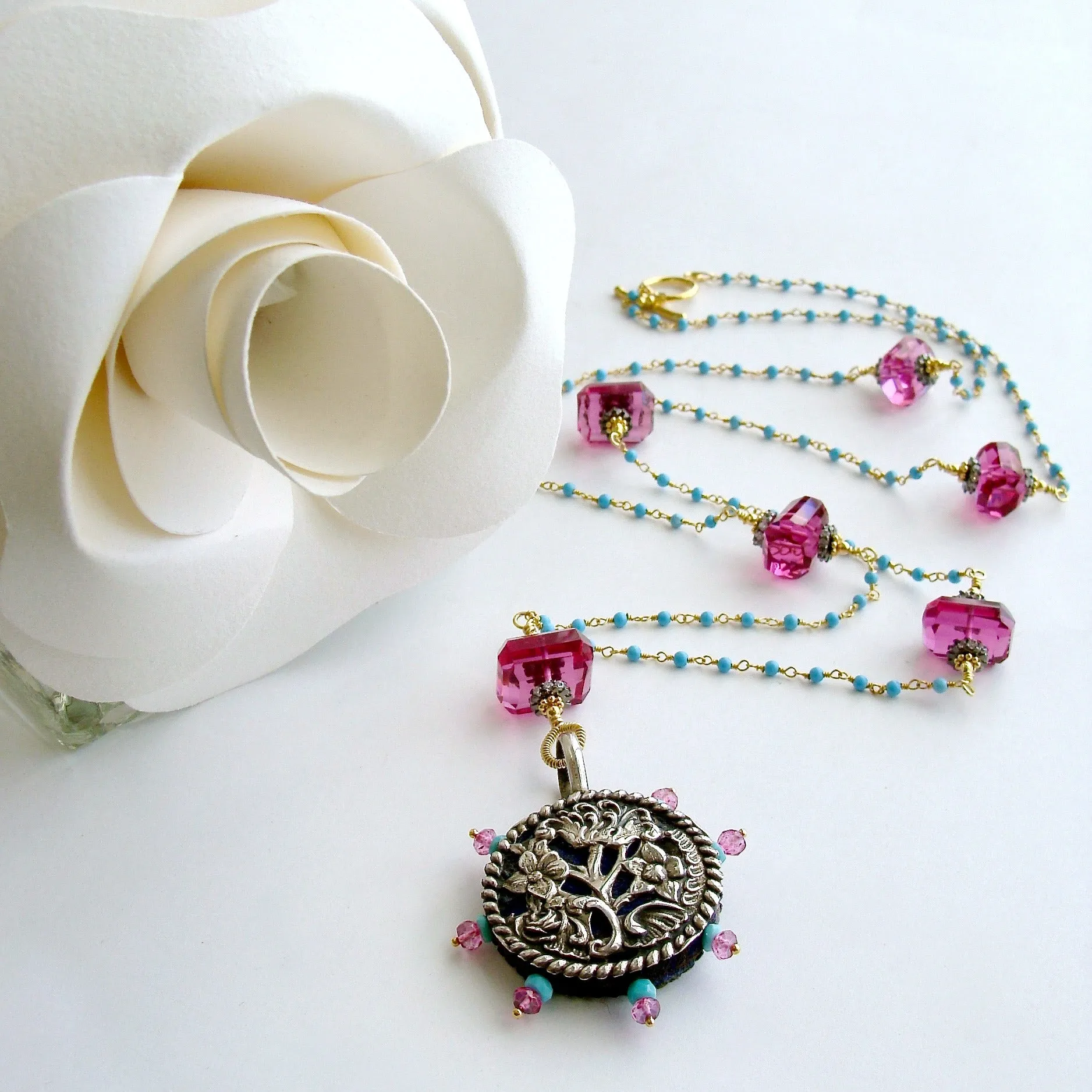 Sleeping Beauty Turquoise Pink Topaz Pink Quartz Victorian Sterling Pin Wheel Necklace - Serenity Necklace