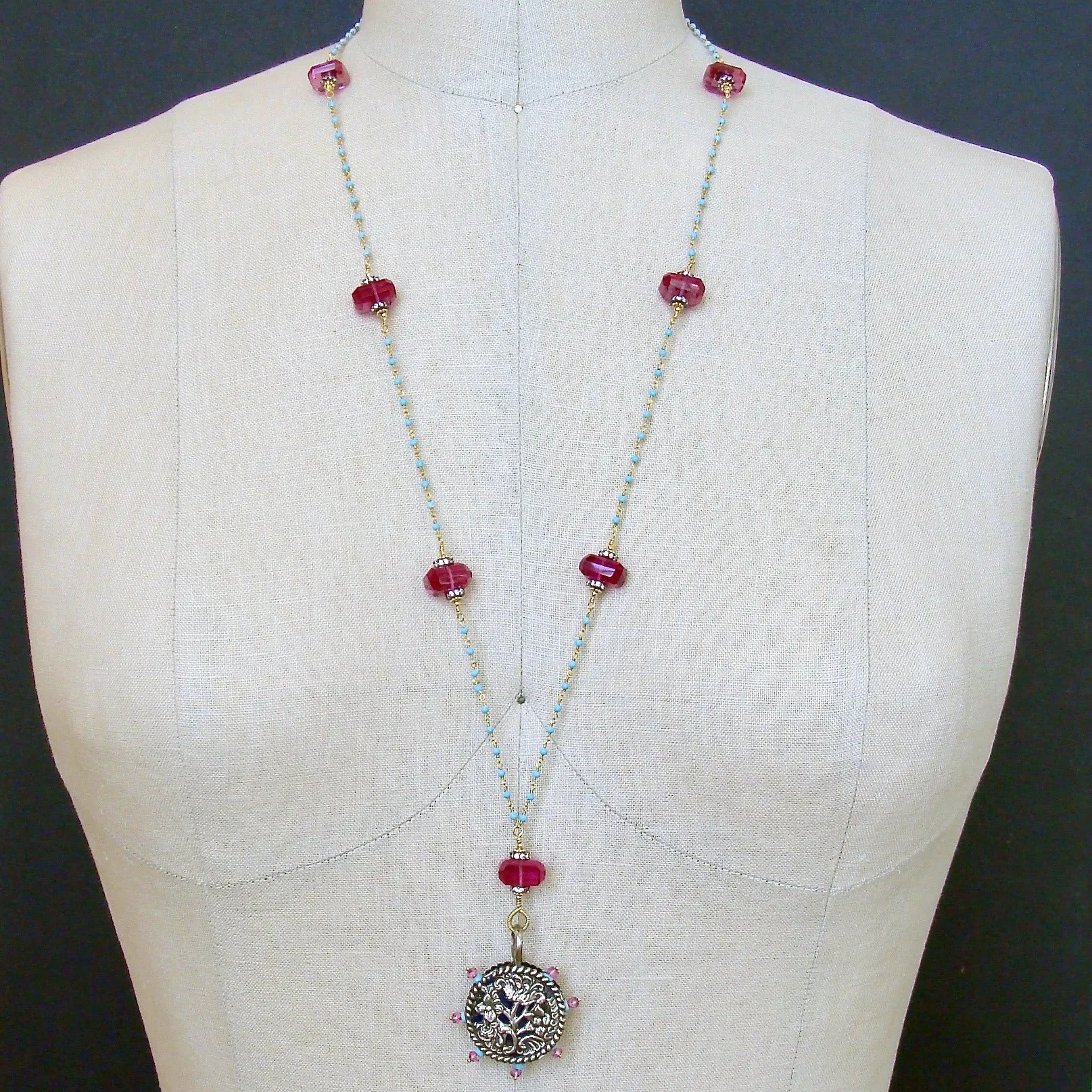 Sleeping Beauty Turquoise Pink Topaz Pink Quartz Victorian Sterling Pin Wheel Necklace - Serenity Necklace
