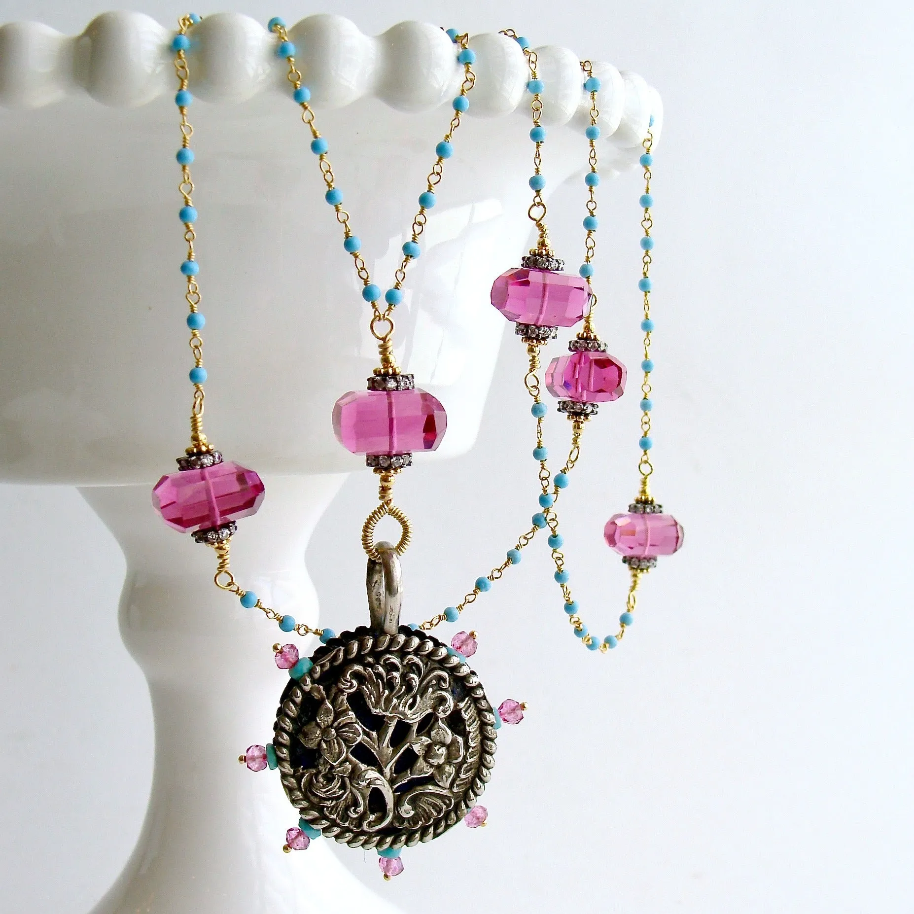 Sleeping Beauty Turquoise Pink Topaz Pink Quartz Victorian Sterling Pin Wheel Necklace - Serenity Necklace