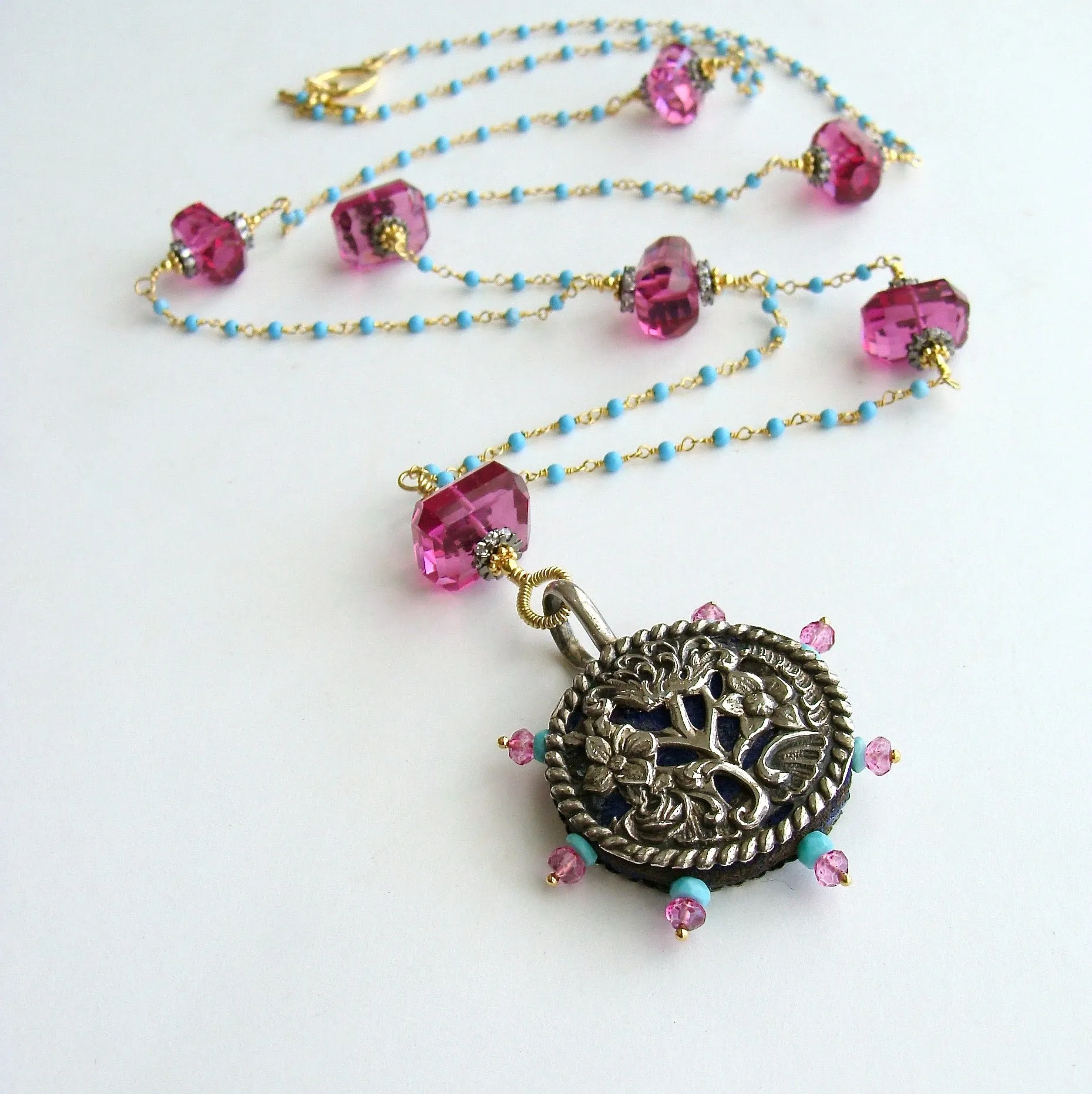 Sleeping Beauty Turquoise Pink Topaz Pink Quartz Victorian Sterling Pin Wheel Necklace - Serenity Necklace