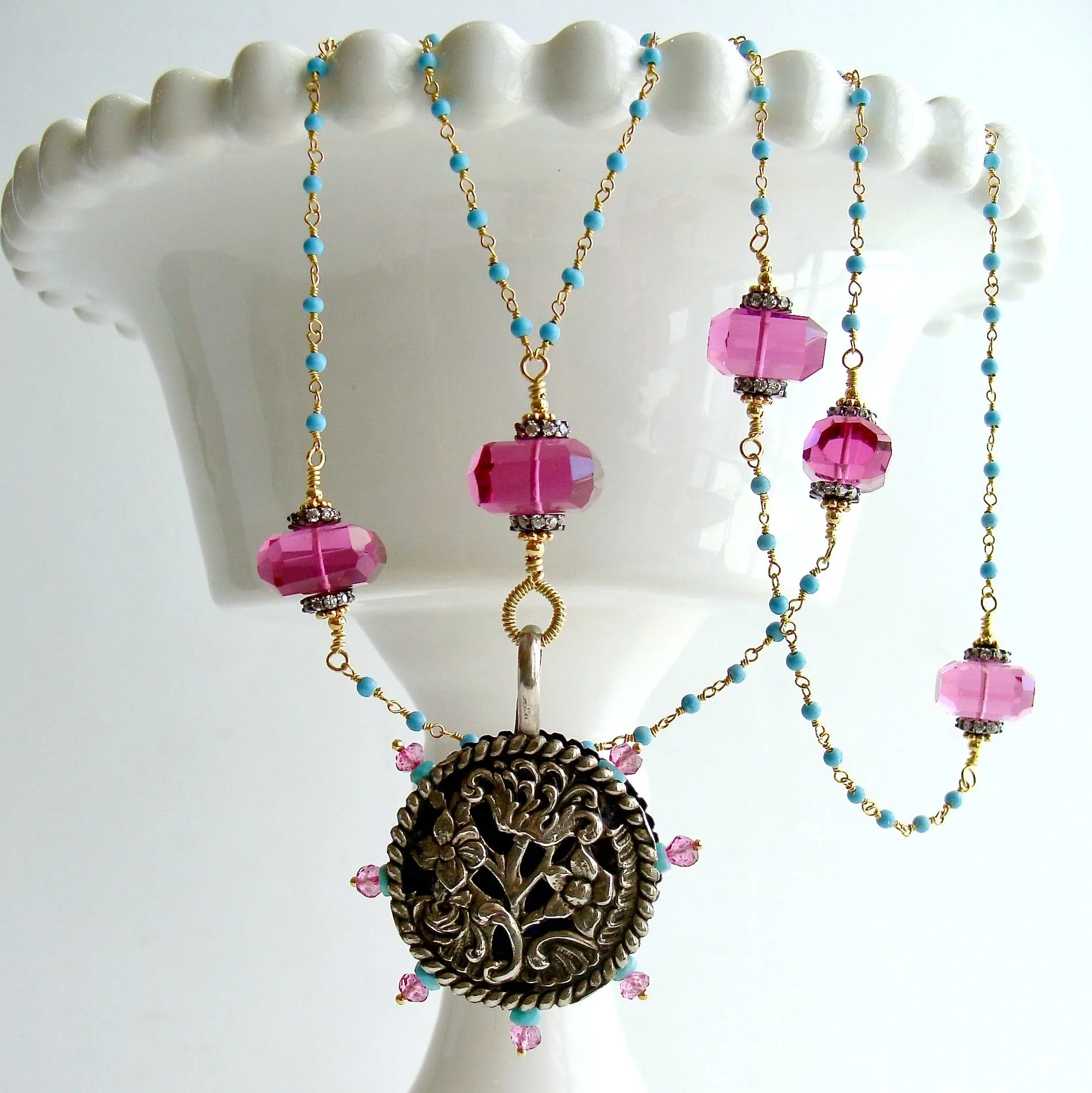 Sleeping Beauty Turquoise Pink Topaz Pink Quartz Victorian Sterling Pin Wheel Necklace - Serenity Necklace